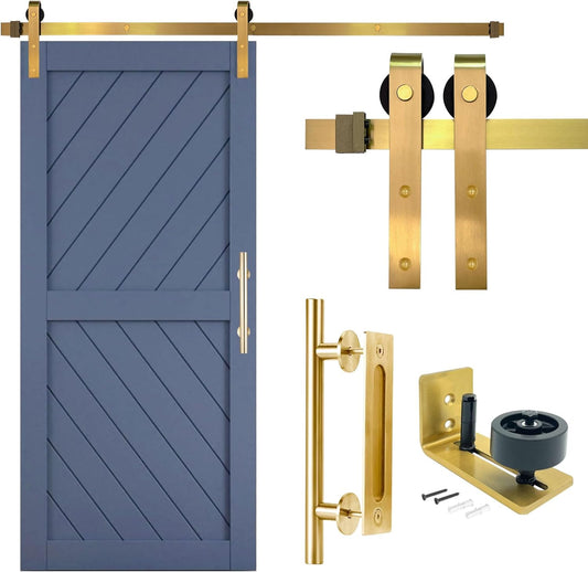 Adjustable Gold Barn Door Hardware Kit with 8 FT Sliding Door - Modern Interior Handle, Floor Guide, Brushed Brass Hardware - Rio Salto