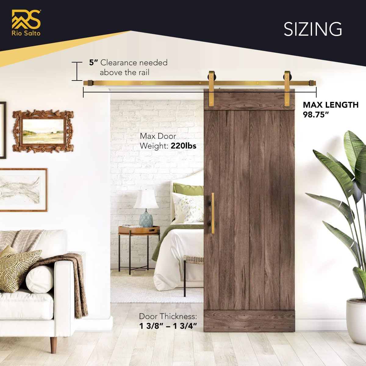 Adjustable Gold Barn Door Hardware Kit with 8 FT Sliding Door - Modern Interior Handle, Floor Guide, Brushed Brass Hardware - Rio Salto