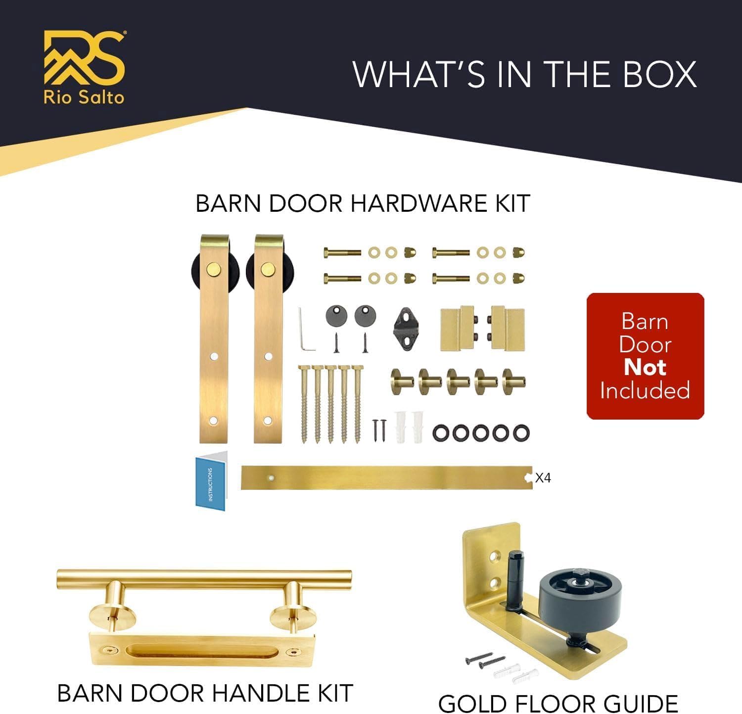 Adjustable Gold Barn Door Hardware Kit with 8 FT Sliding Door - Modern Interior Handle, Floor Guide, Brushed Brass Hardware - Rio Salto