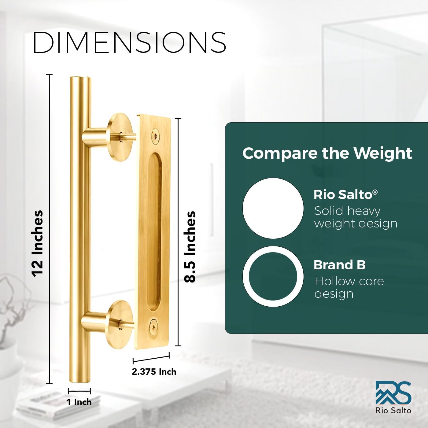Adjustable Gold Barn Door Hardware Kit with 8 FT Sliding Door - Modern Interior Handle, Floor Guide, Brushed Brass Hardware - Rio Salto