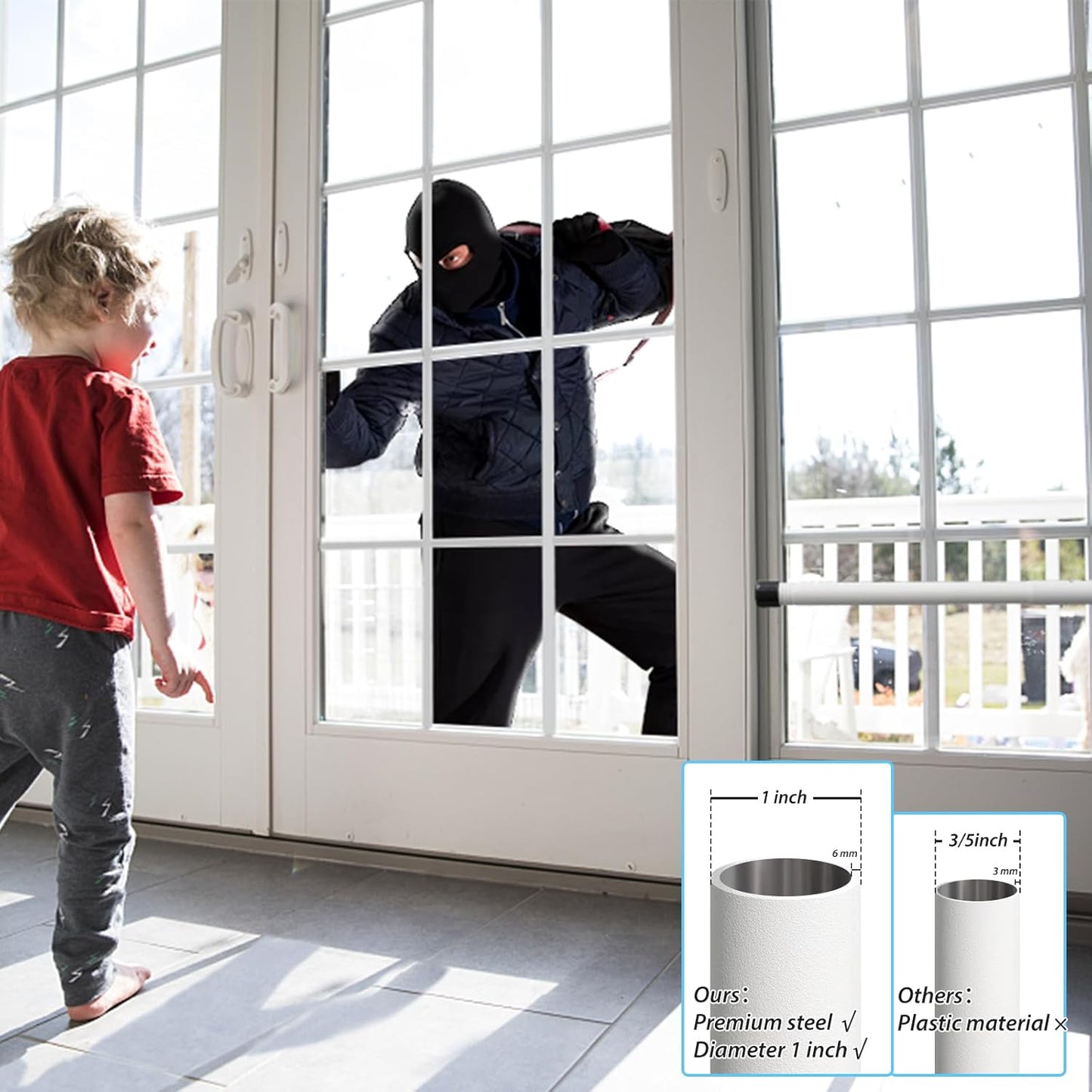 Adjustable Heavy Duty Sliding Door Security Bar 2 Pack - White - Childproof - Fits 16.5" to 51" - for Glass Patio Doors