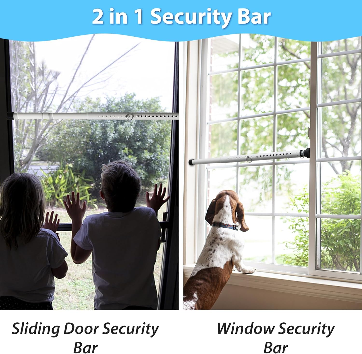 Adjustable Heavy Duty Sliding Door Security Bar 2 Pack - White - Childproof - Fits 16.5" to 51" - for Glass Patio Doors