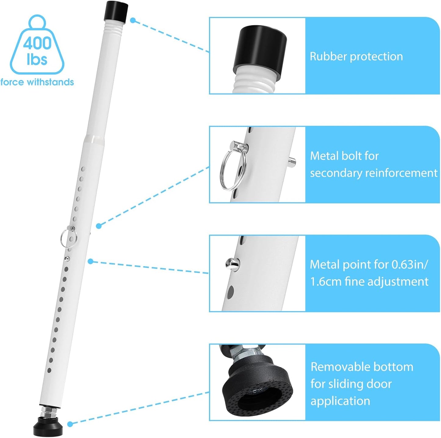 Adjustable Heavy Duty Sliding Door Security Bar 2 Pack - White - Childproof - Fits 16.5" to 51" - for Glass Patio Doors