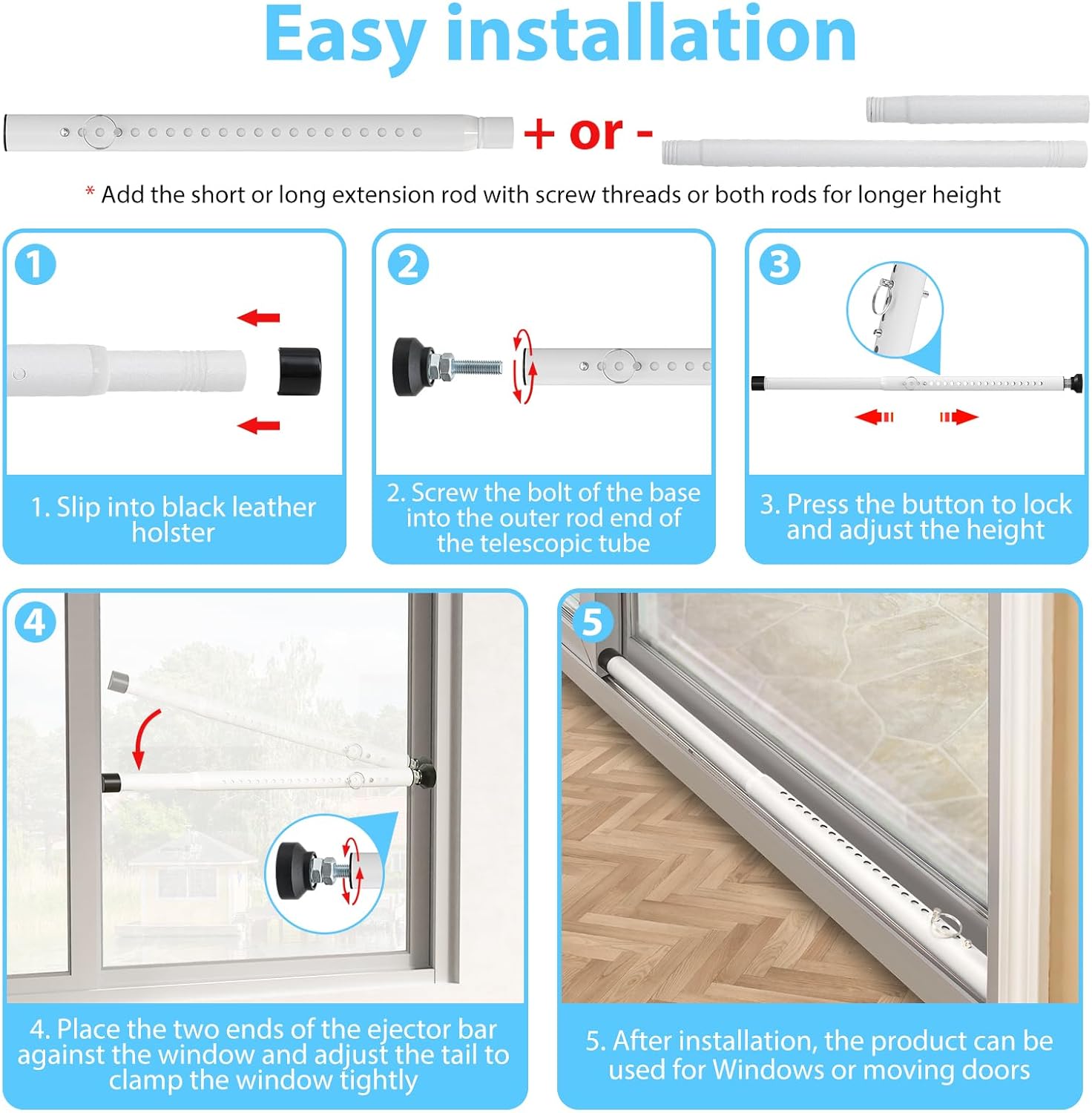 Adjustable Heavy Duty Sliding Door Security Bar 2 Pack - White - Childproof - Fits 16.5" to 51" - for Glass Patio Doors