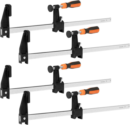 Adjustable Heavy Duty Woodworking Bar Clamps - 4-Pack 18 Inch Long, 600 Lbs Force, Quick Release, 2.5" Throat Depth