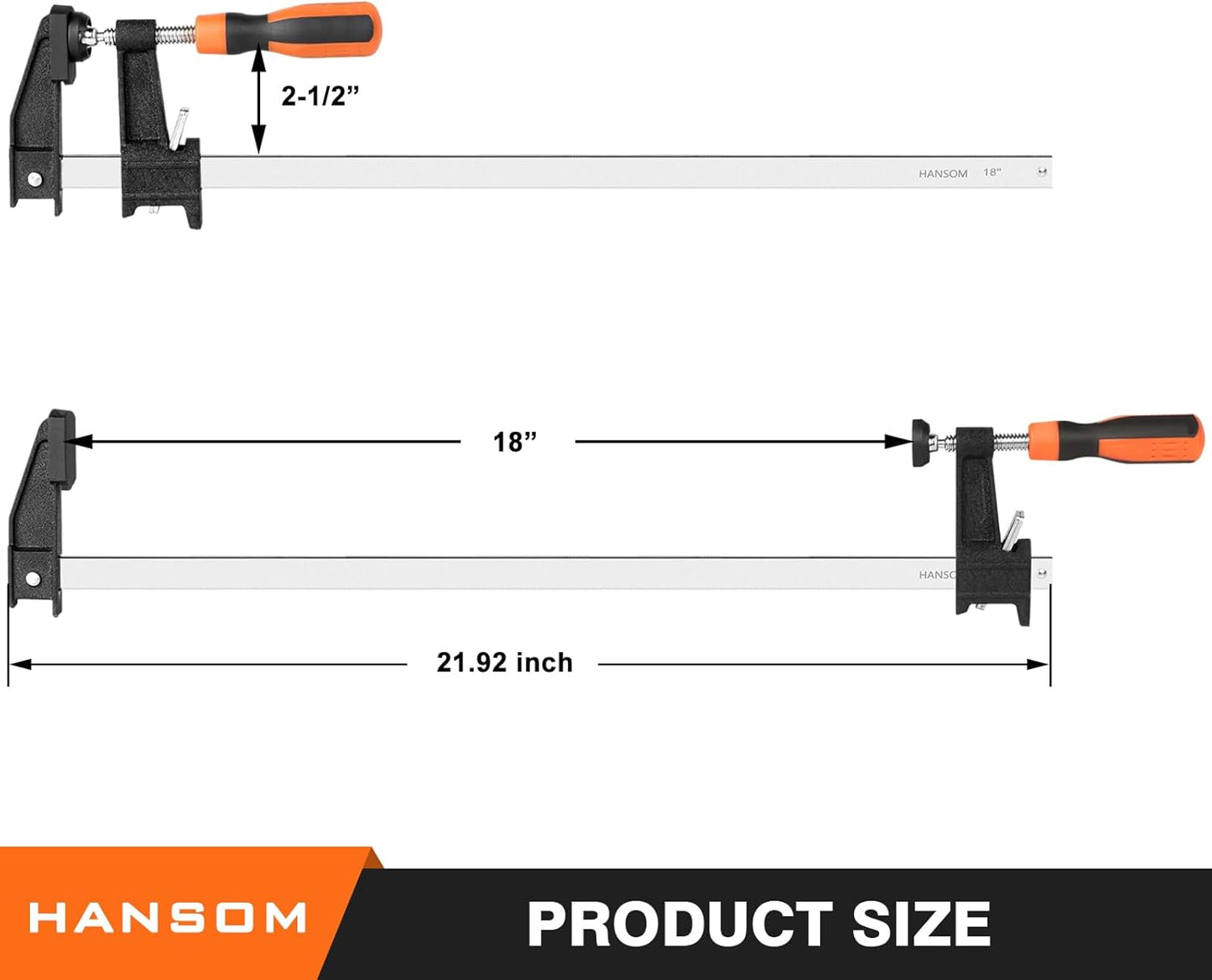Adjustable Heavy Duty Woodworking Bar Clamps - 4-Pack 18 Inch Long, 600 Lbs Force, Quick Release, 2.5" Throat Depth