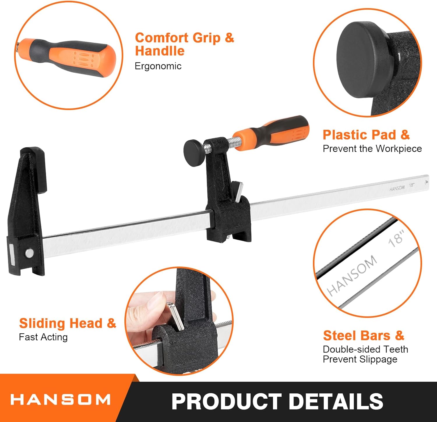 Adjustable Heavy Duty Woodworking Bar Clamps - 4-Pack 18 Inch Long, 600 Lbs Force, Quick Release, 2.5" Throat Depth