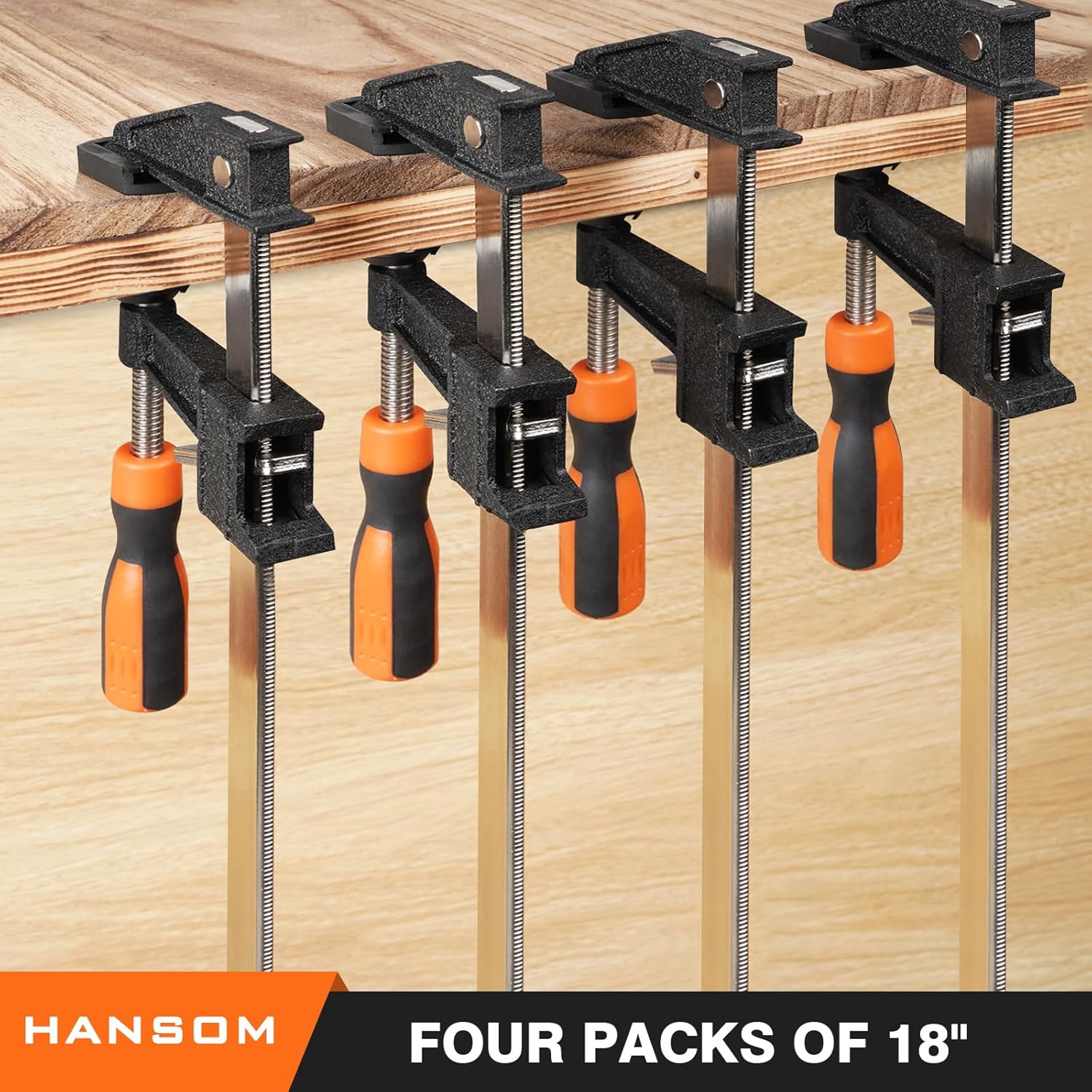 Adjustable Heavy Duty Woodworking Bar Clamps - 4-Pack 18 Inch Long, 600 Lbs Force, Quick Release, 2.5" Throat Depth