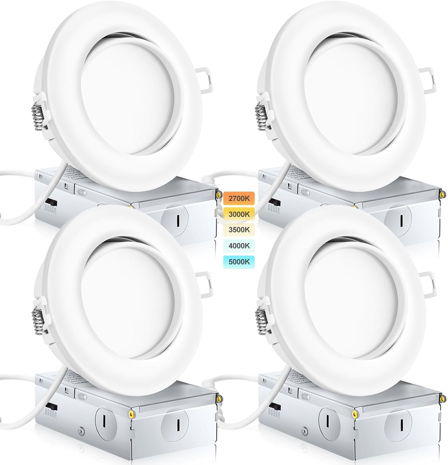 Adjustable KnLnny Ware 4-Inch LED Recessed Lights 4-Pack with Gimbal Eyeball, Junction Box, 5CCT Selectable, Airtight, 9W 750LM, Dimmable, ETL Listed
