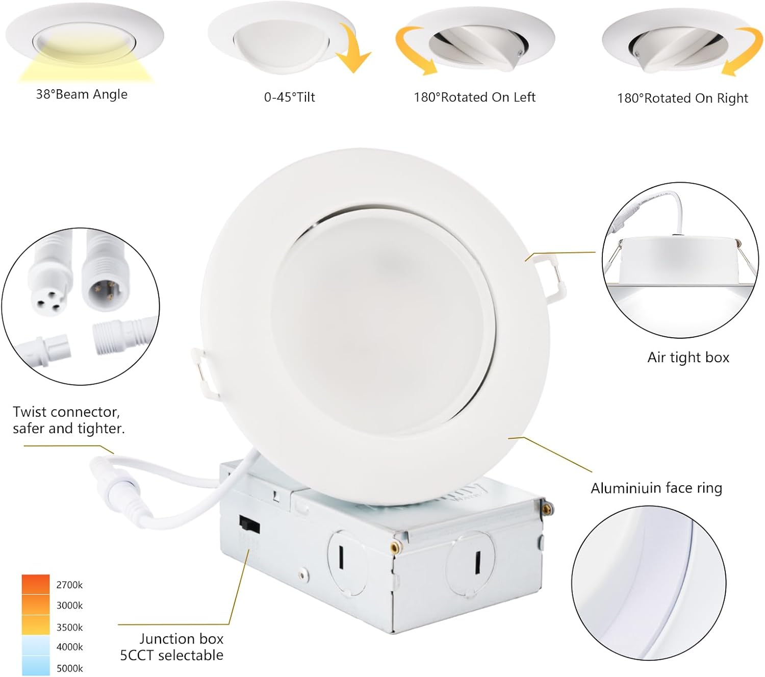 Adjustable KnLnny Ware 4-Inch LED Recessed Lights 4-Pack with Gimbal Eyeball, Junction Box, 5CCT Selectable, Airtight, 9W 750LM, Dimmable, ETL Listed