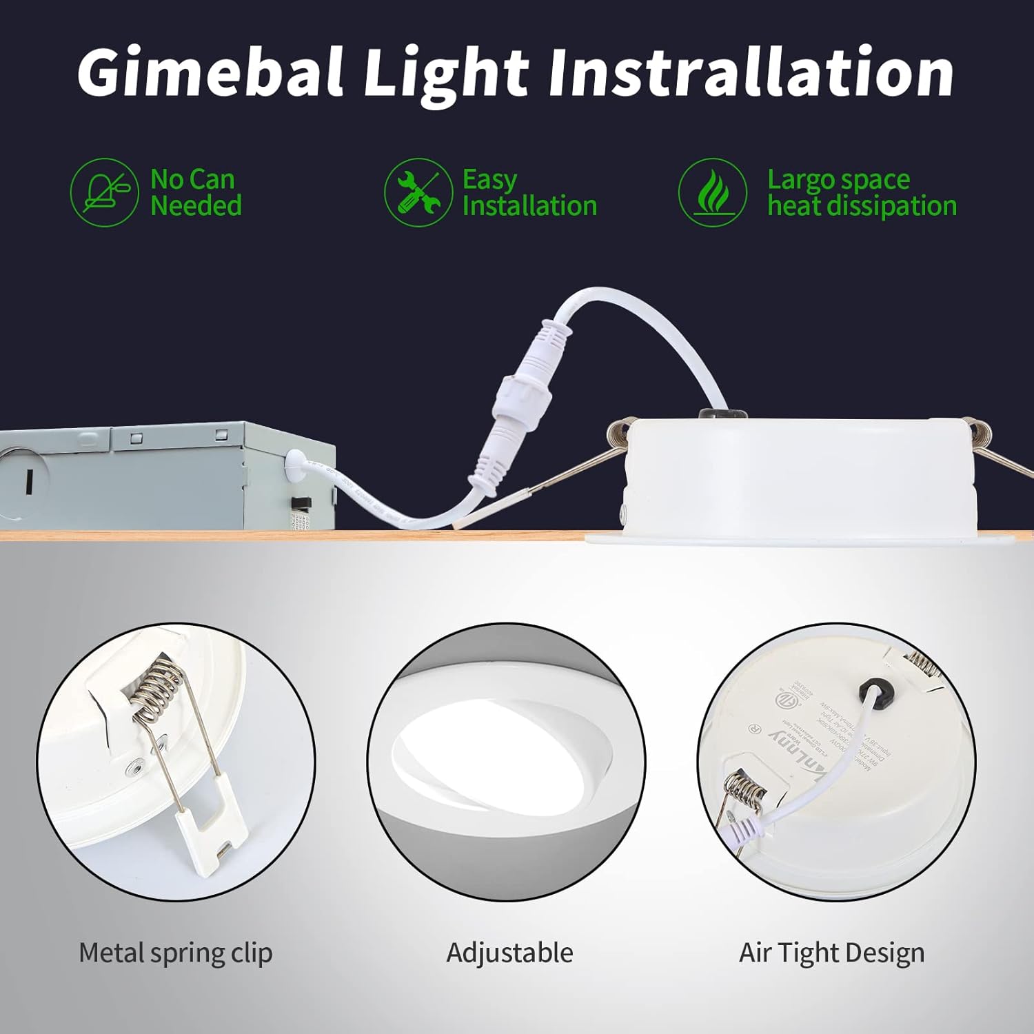 Adjustable KnLnny Ware 4-Inch LED Recessed Lights 4-Pack with Gimbal Eyeball, Junction Box, 5CCT Selectable, Airtight, 9W 750LM, Dimmable, ETL Listed