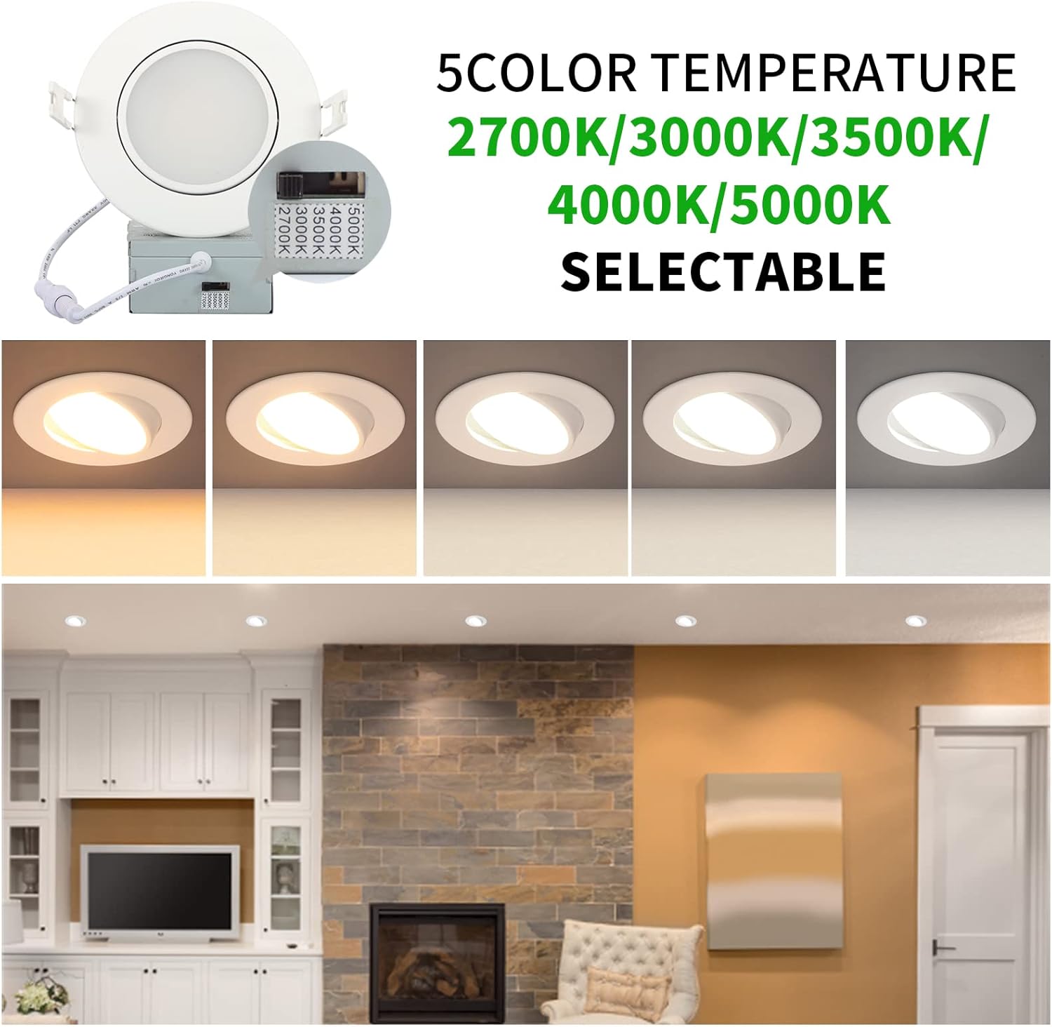 Adjustable KnLnny Ware 4-Inch LED Recessed Lights 4-Pack with Gimbal Eyeball, Junction Box, 5CCT Selectable, Airtight, 9W 750LM, Dimmable, ETL Listed