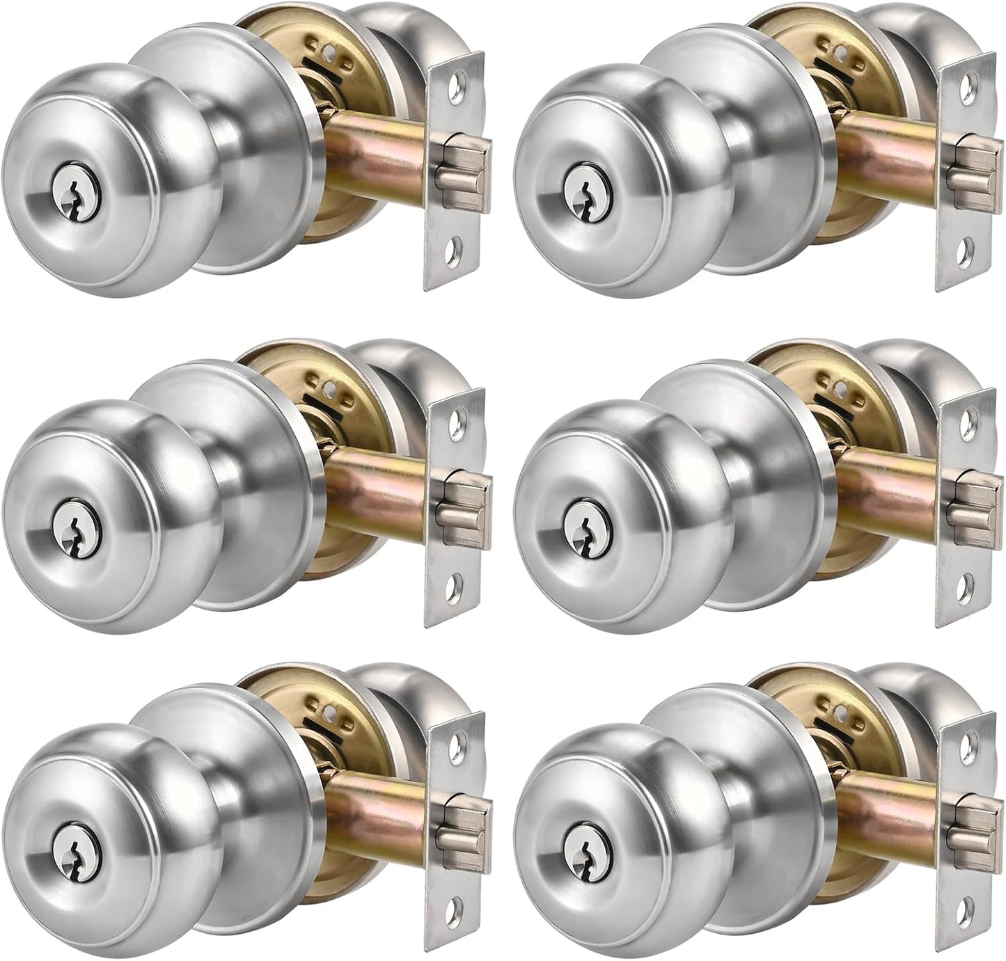 Adjustable Latch Exterior Door Lock Set with 6 Door Knobs & Keys - Silver Interior Locks for Bedrooms and Bathrooms
