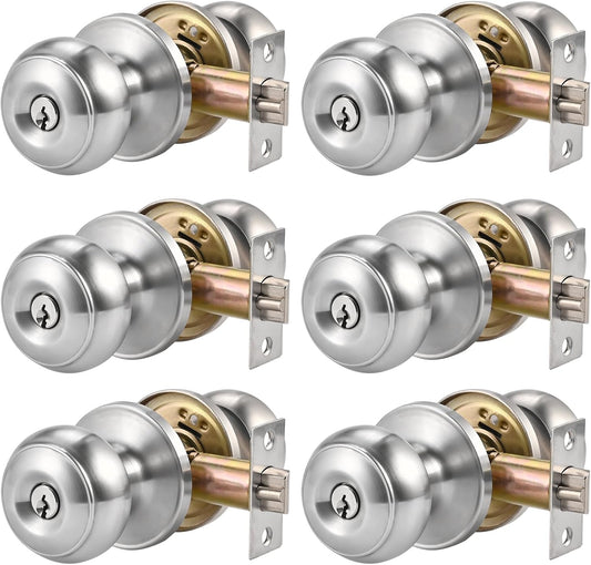 Adjustable Latch Exterior Door Lock Set with 6 Door Knobs & Keys - Silver Interior Locks for Bedrooms and Bathrooms