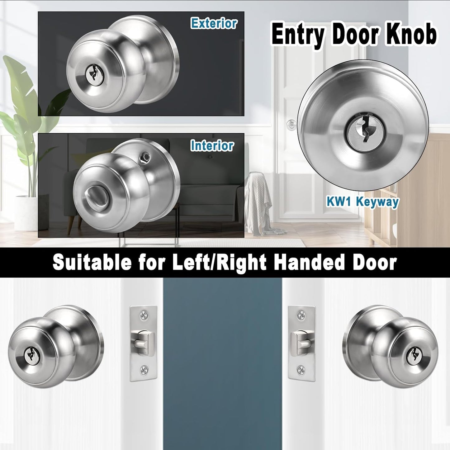 Adjustable Latch Exterior Door Lock Set with 6 Door Knobs & Keys - Silver Interior Locks for Bedrooms and Bathrooms