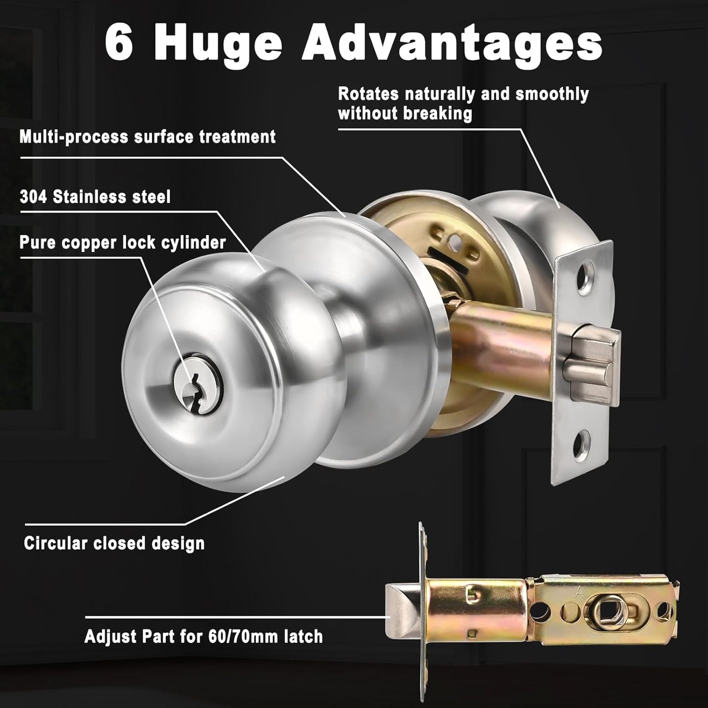 Adjustable Latch Exterior Door Lock Set with 6 Door Knobs & Keys - Silver Interior Locks for Bedrooms and Bathrooms