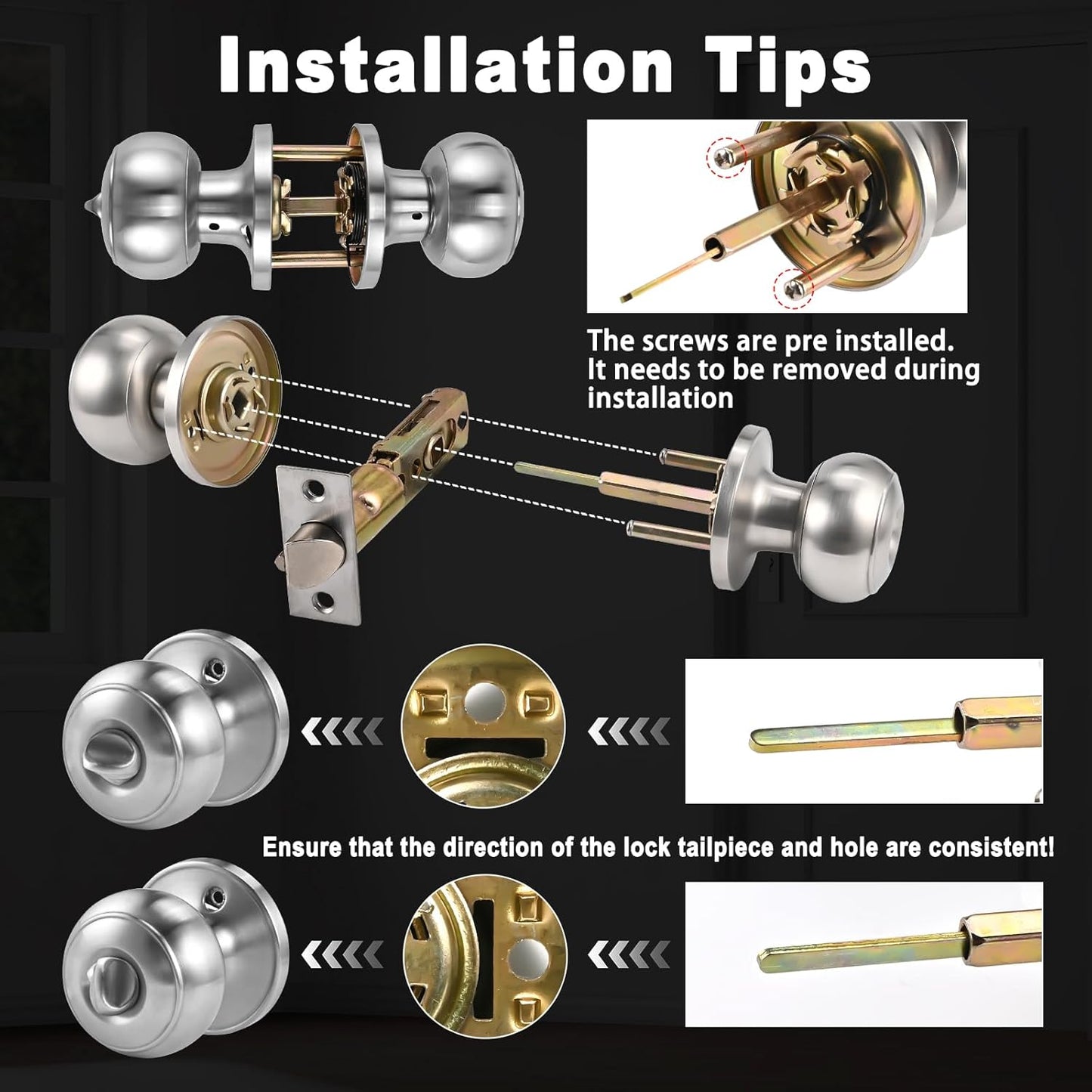 Adjustable Latch Exterior Door Lock Set with 6 Door Knobs & Keys - Silver Interior Locks for Bedrooms and Bathrooms