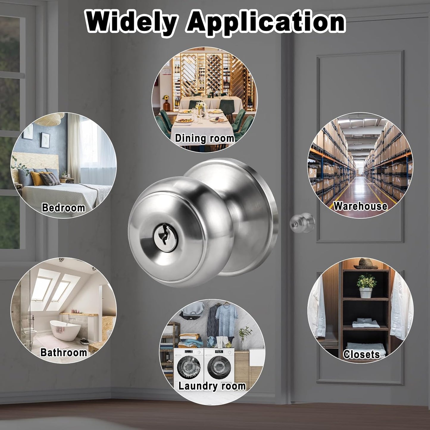 Adjustable Latch Exterior Door Lock Set with 6 Door Knobs & Keys - Silver Interior Locks for Bedrooms and Bathrooms