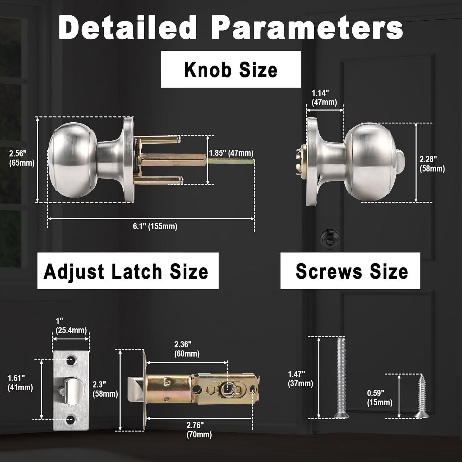 Adjustable Latch Exterior Door Lock Set with 6 Door Knobs & Keys - Silver Interior Locks for Bedrooms and Bathrooms