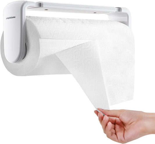 Adjustable Length Paper Towel Holder with Adaptive Tension Arm for One-Hand Tear, 9.4-11inch, White