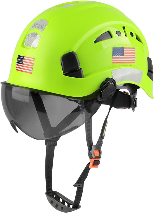 Adjustable Lightweight Vented ABS Safety Helmet Hard Hat with Visor & Chinstrap for Men/Women - ANSI Z89.1 Approved for Industrial/Construction - Green Devil