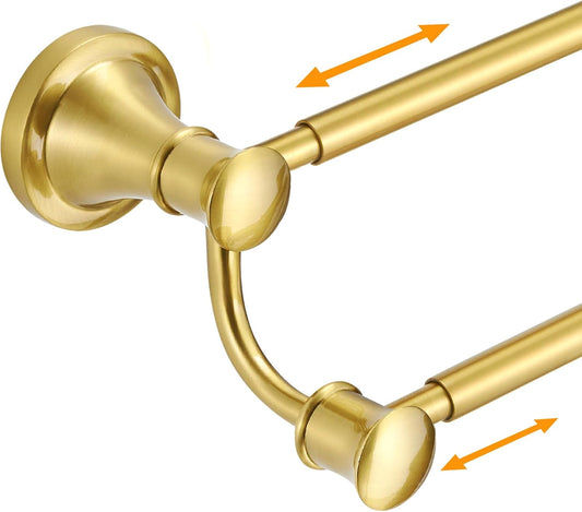Adjustable Retractable Stainless Steel Bathroom Towel Bar - Wall Mounted Double Towel Rod Holder Rack, Brushed Gold Finish, 15-27 Inches