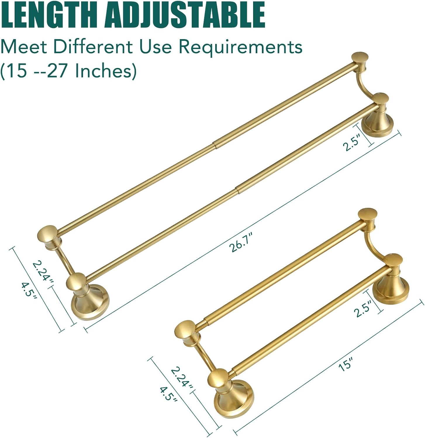 Adjustable Retractable Stainless Steel Bathroom Towel Bar - Wall Mounted Double Towel Rod Holder Rack, Brushed Gold Finish, 15-27 Inches