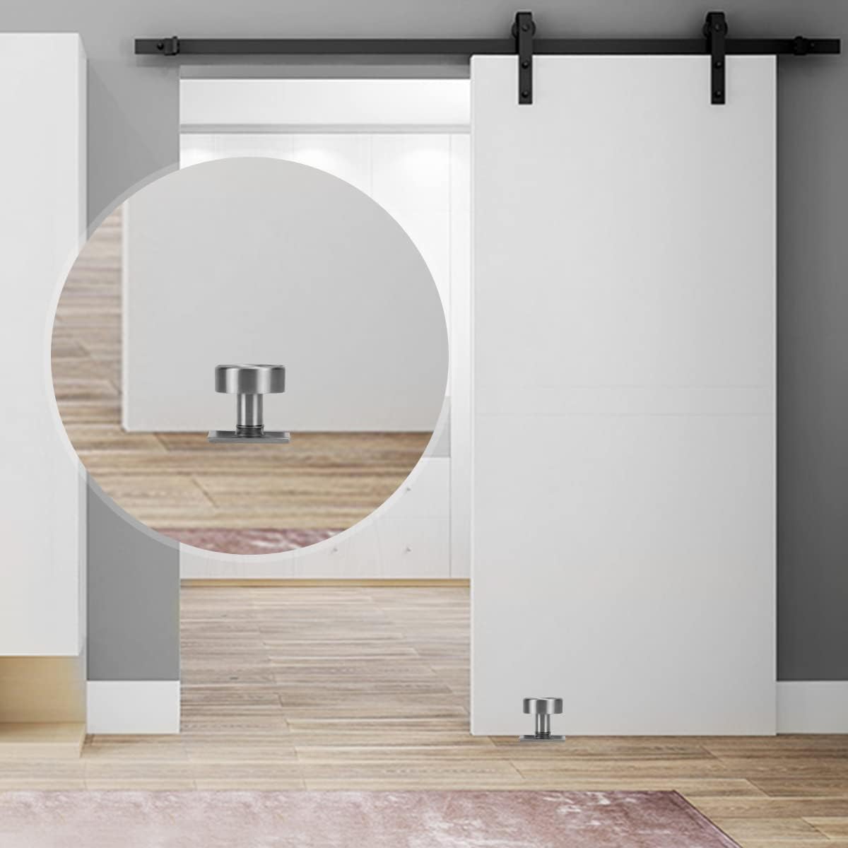 Adjustable Roller Barn Door Floor Guide for Sliding Closet Doors - 8-in-1 Heavy Duty Wall Mounted Design - Flush Bottom - Silver (1PK)