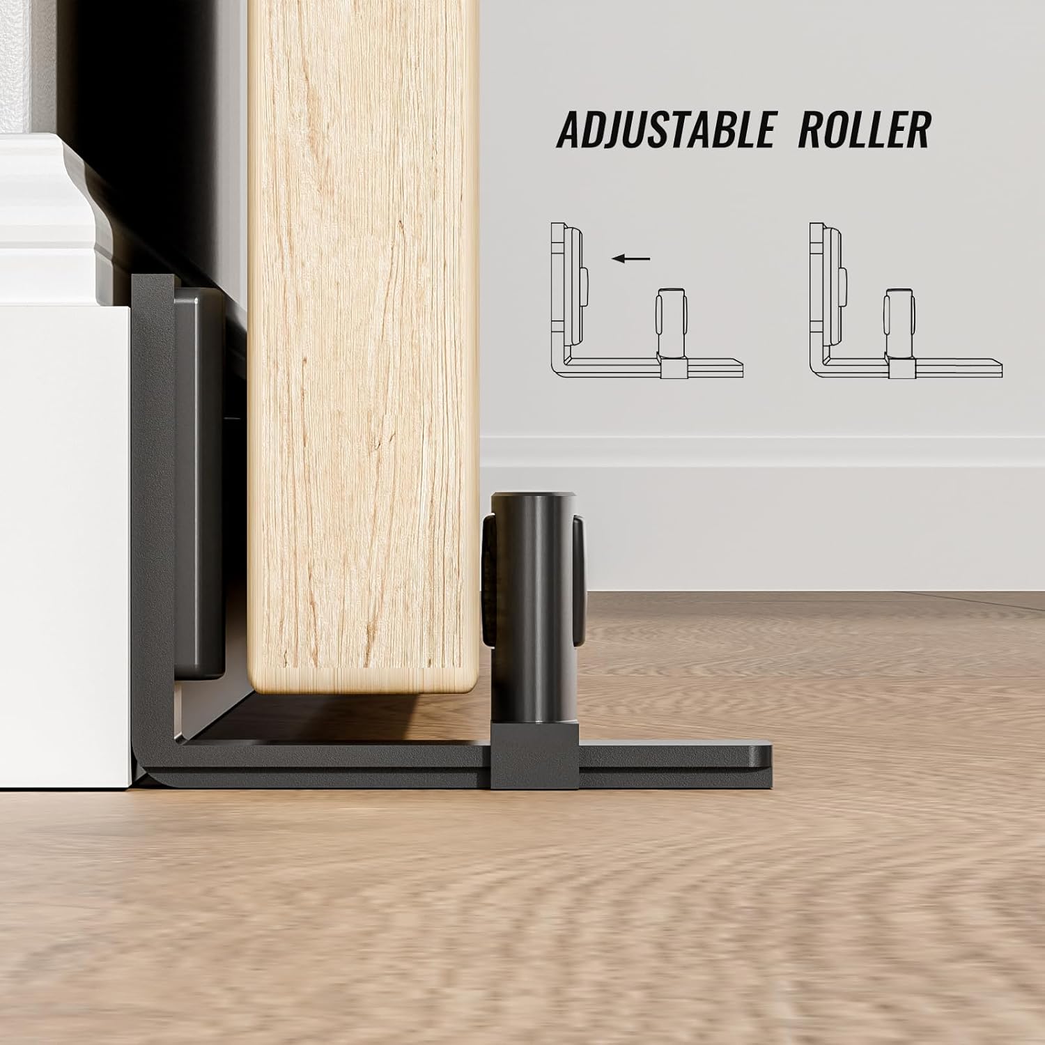 Adjustable Roller Sliding Barn Door Floor Guide for 2" Thick Doors - Easy Install, Wall Mount, Smooth & Quiet - Black