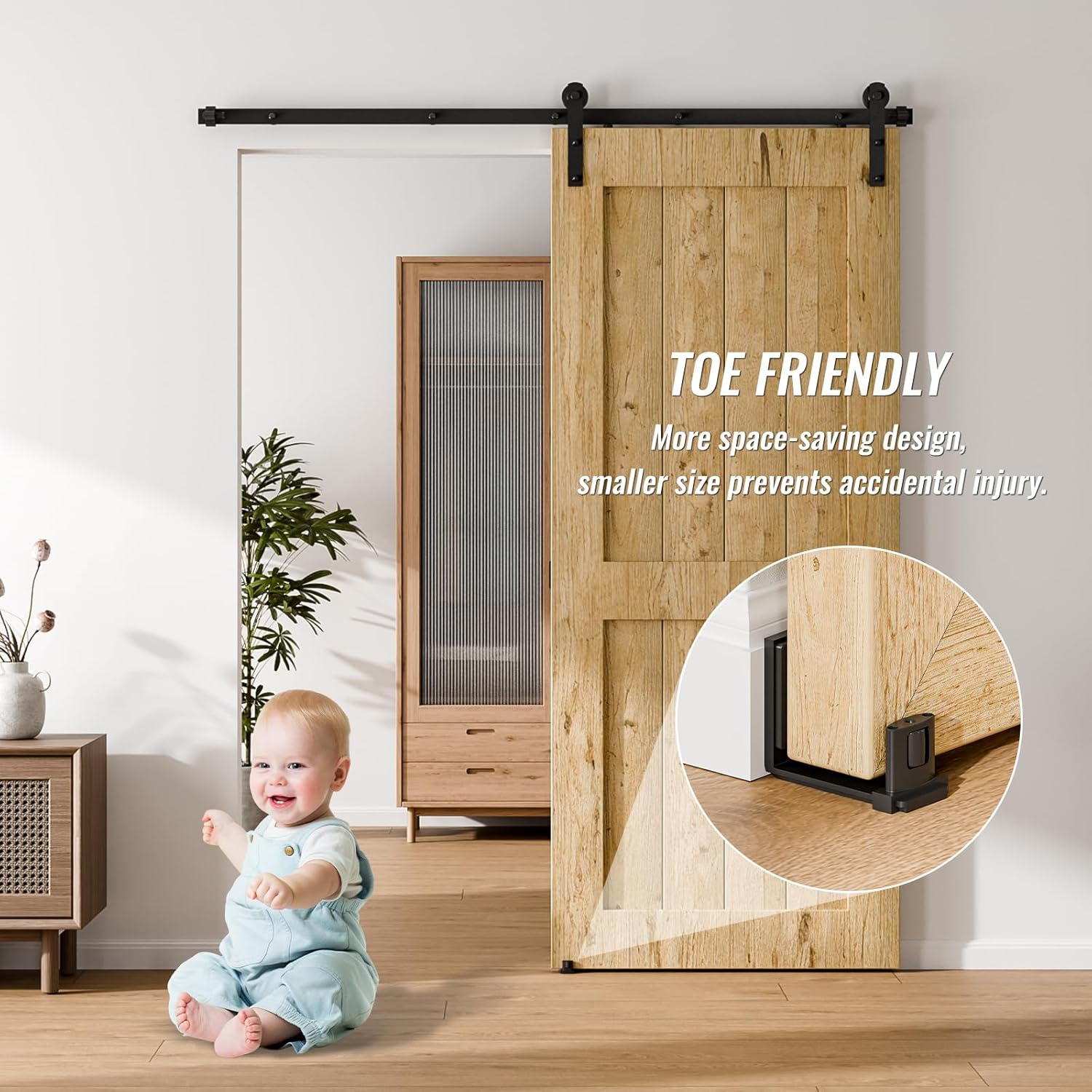 Adjustable Roller Sliding Barn Door Floor Guide for 2" Thick Doors - Easy Install, Wall Mount, Smooth & Quiet - Black