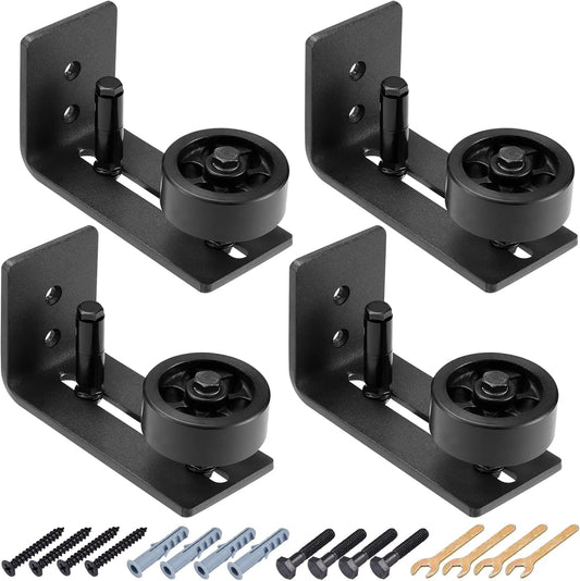 Adjustable Roller Sliding Barn Door Floor Guide Kit with Flush Design - 4 Pcs Wall Mount Bottom Hardware, Non-Scratch, 8 Setup Options