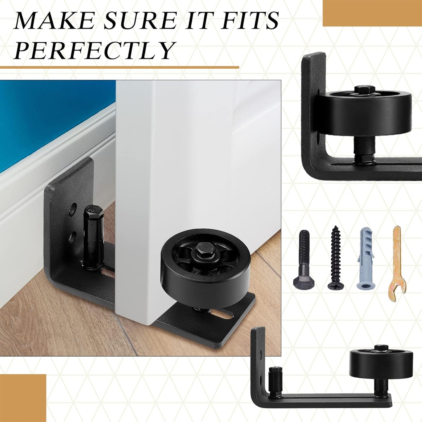 Adjustable Roller Sliding Barn Door Floor Guide Kit with Flush Design - 4 Pcs Wall Mount Bottom Hardware, Non-Scratch, 8 Setup Options