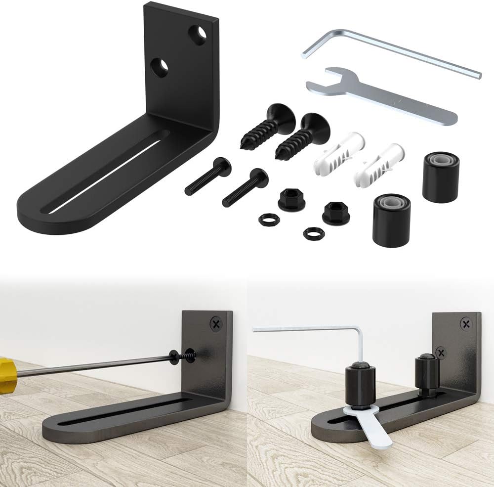 Adjustable Sliding Barn Door Floor Guide Kit with Smooth Ball Bearings - Wall Mount Roller for Small Spaces - Black