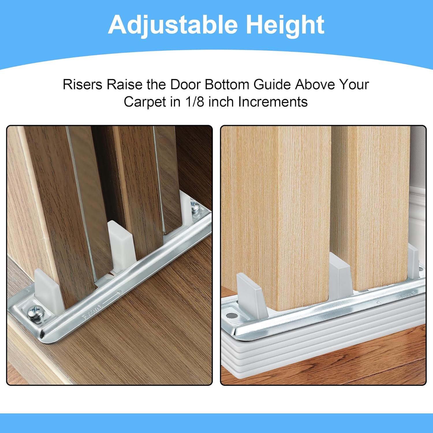 Adjustable Sliding Closet Door Floor Guide with Carpet Risers - Set of 4 Pieces for 3/4" to 1 1/4" Thick Doors