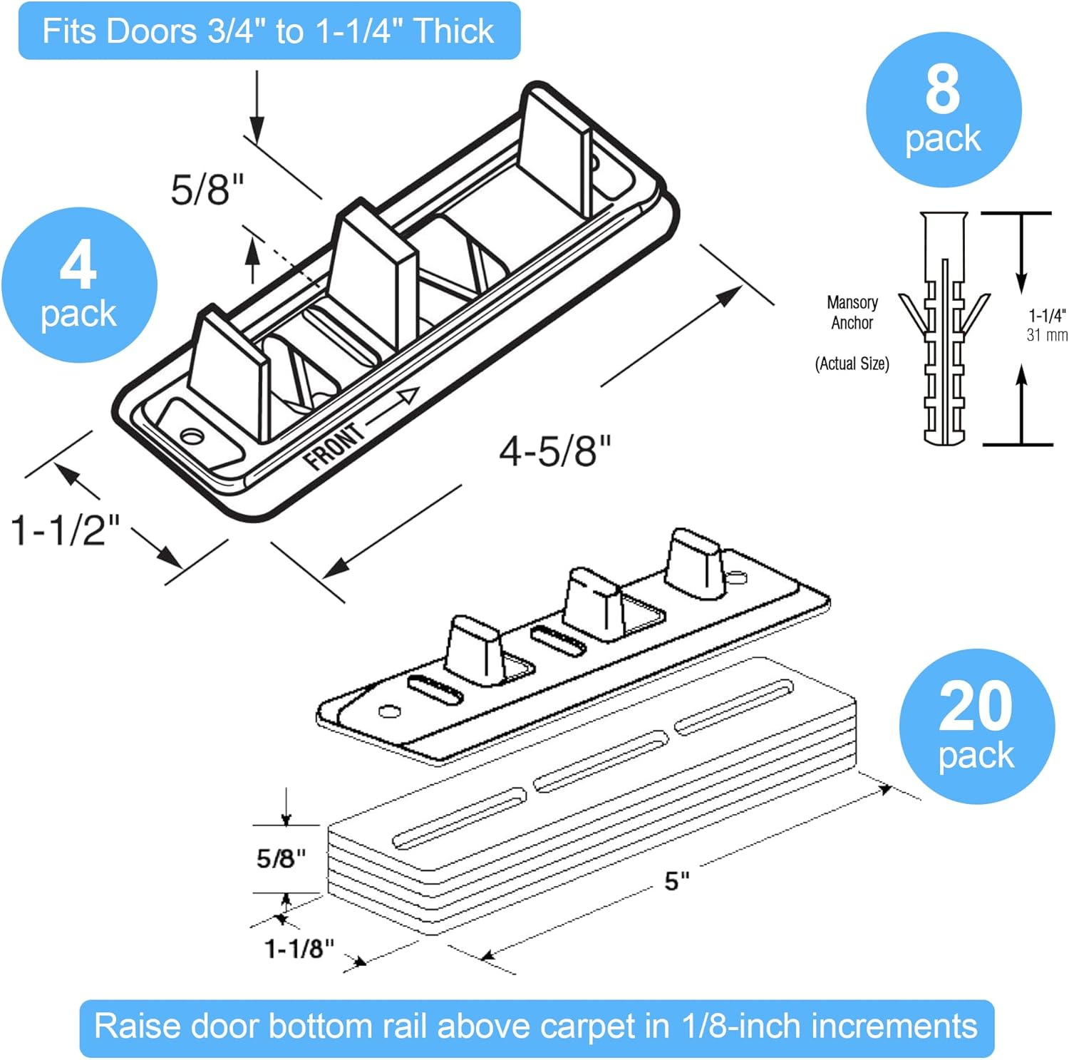 Adjustable Sliding Closet Door Floor Guide with Carpet Risers - Set of 4 Pieces for 3/4" to 1 1/4" Thick Doors