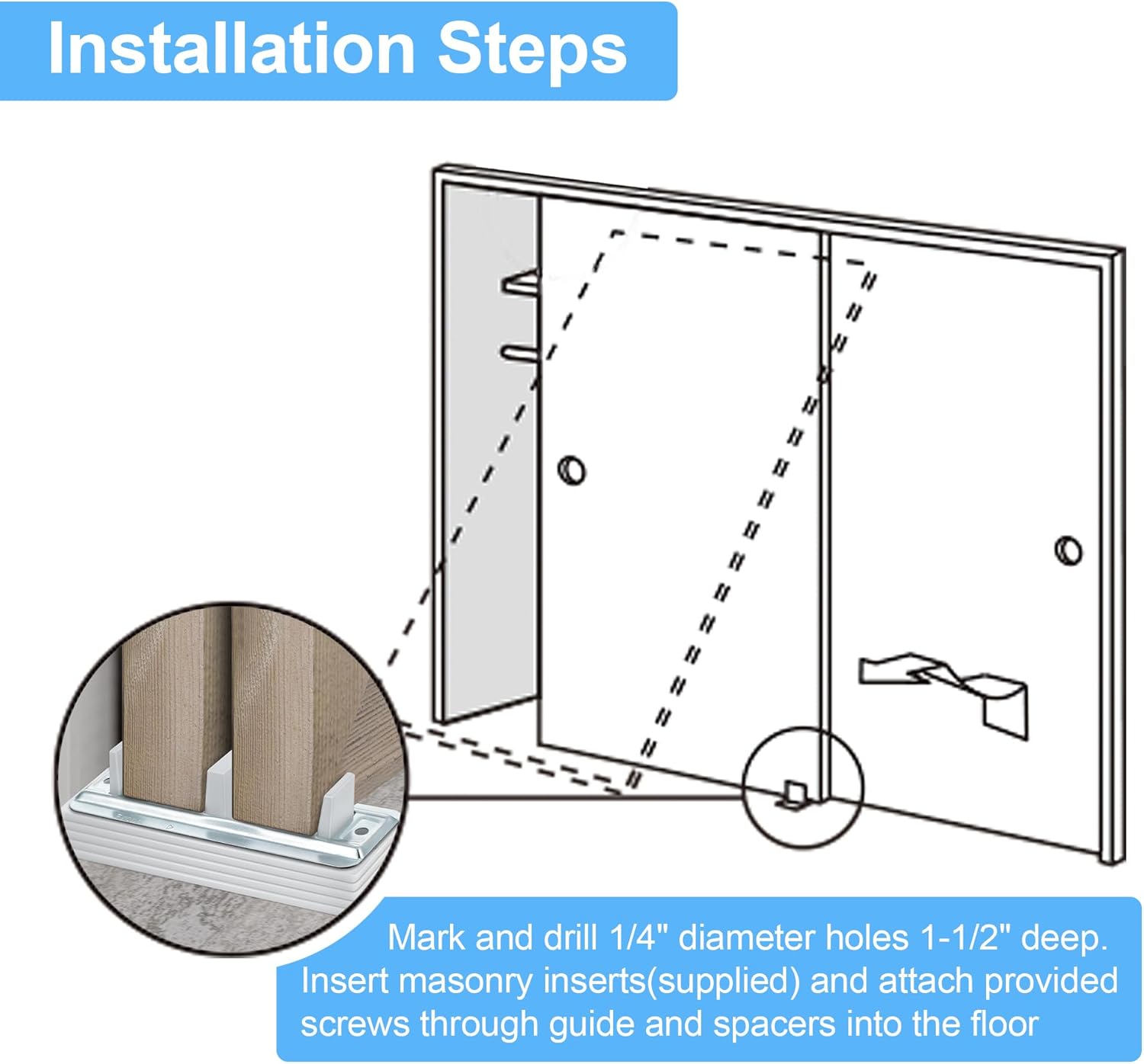 Adjustable Sliding Closet Door Floor Guide with Carpet Risers - Set of 4 Pieces for 3/4" to 1 1/4" Thick Doors