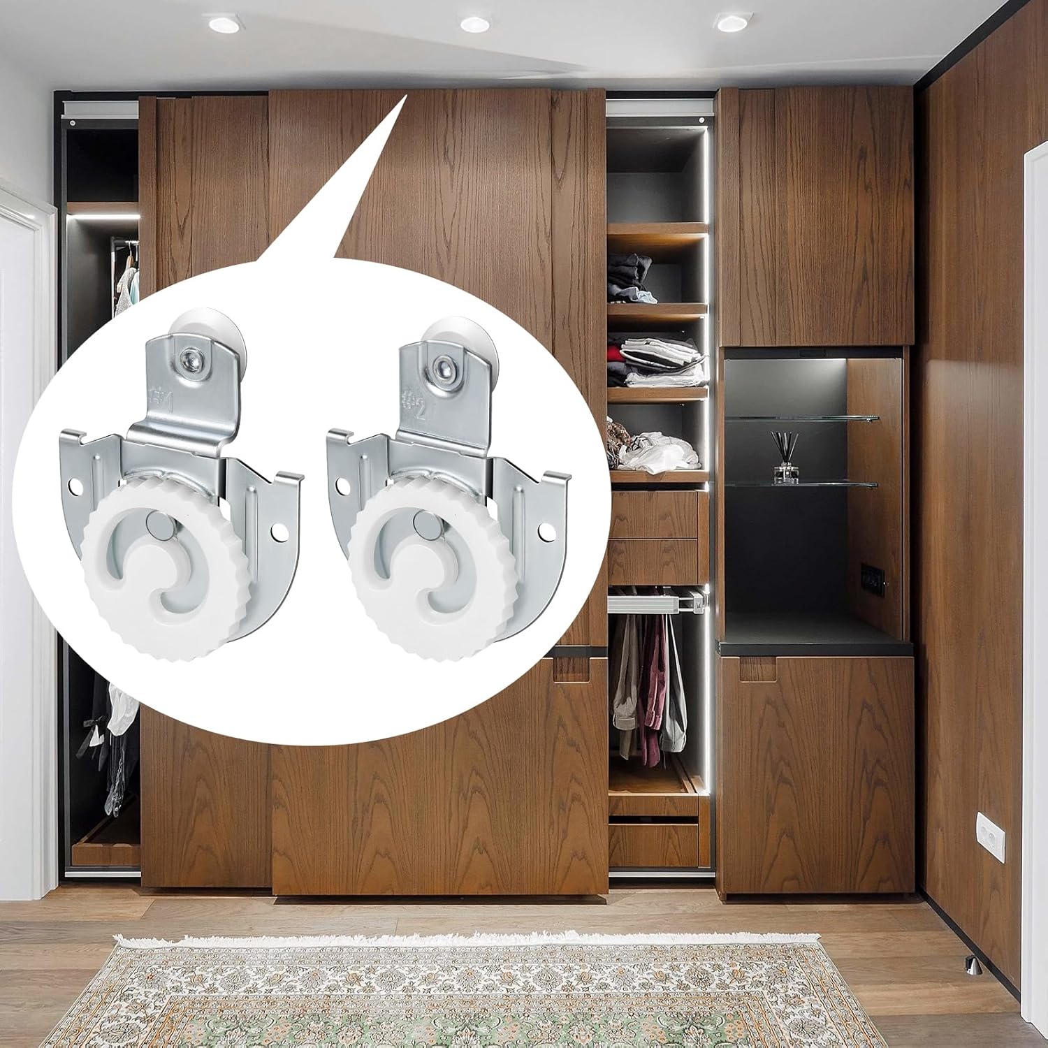 Adjustable Sliding Closet Door Hardware Set with Roller Kit, Knob, Hooks, and Screws for Wardrobe Doors
