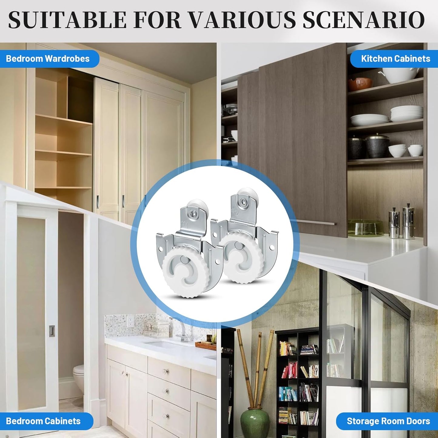 Adjustable Sliding Closet Door Hardware Set with Roller Kit, Knob, Hooks, and Screws for Wardrobe Doors