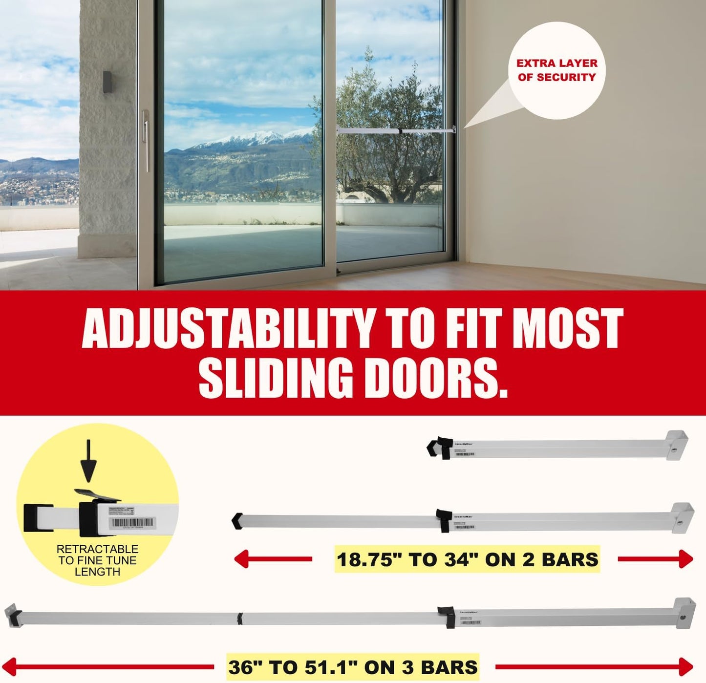 Adjustable Sliding Door Security Bar for Child Safety - Anti-Lift Lock, Fits Most Doors & Windows - White (18.75"-51.1")
