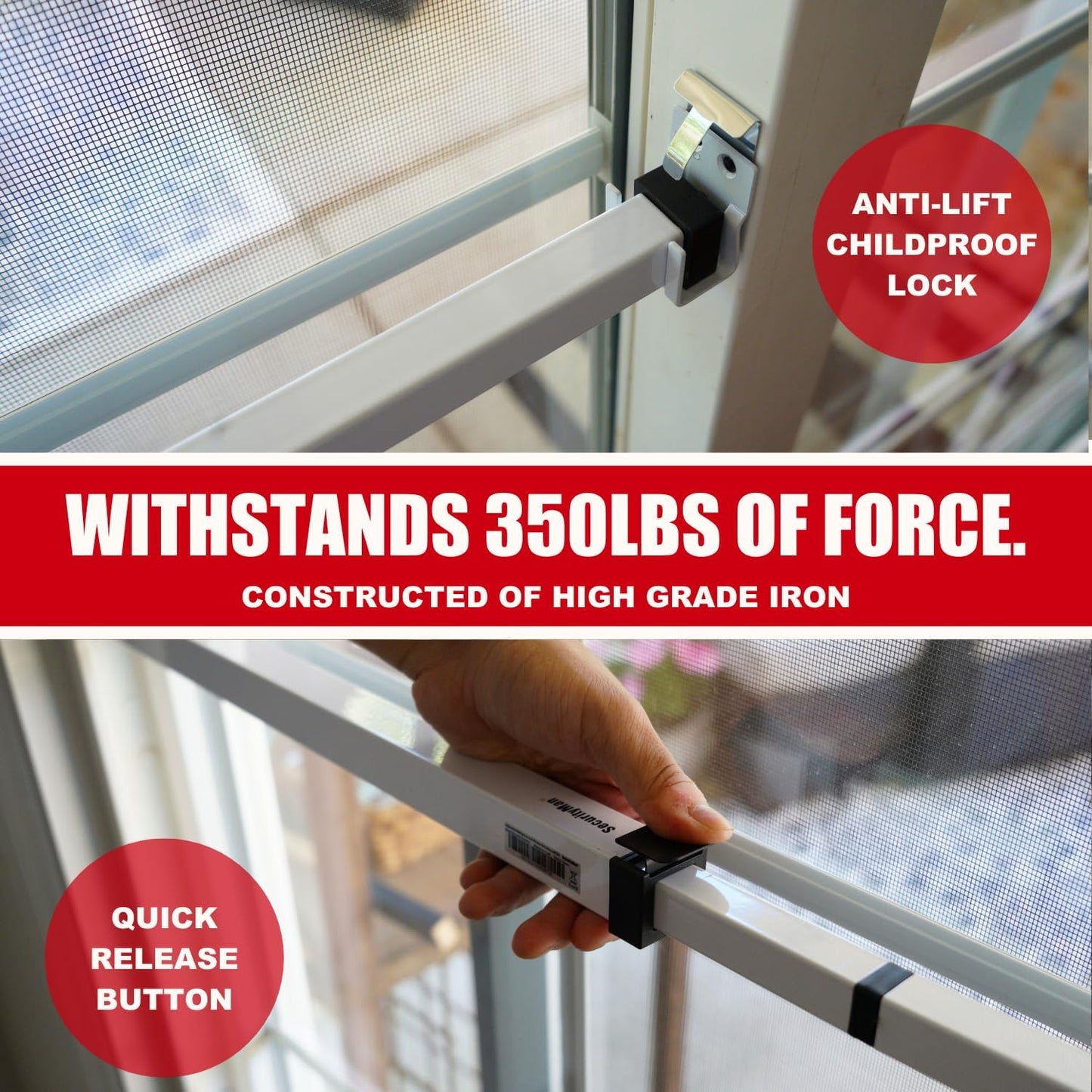 Adjustable Sliding Door Security Bar for Child Safety - Anti-Lift Lock, Fits Most Doors & Windows - White (18.75"-51.1")
