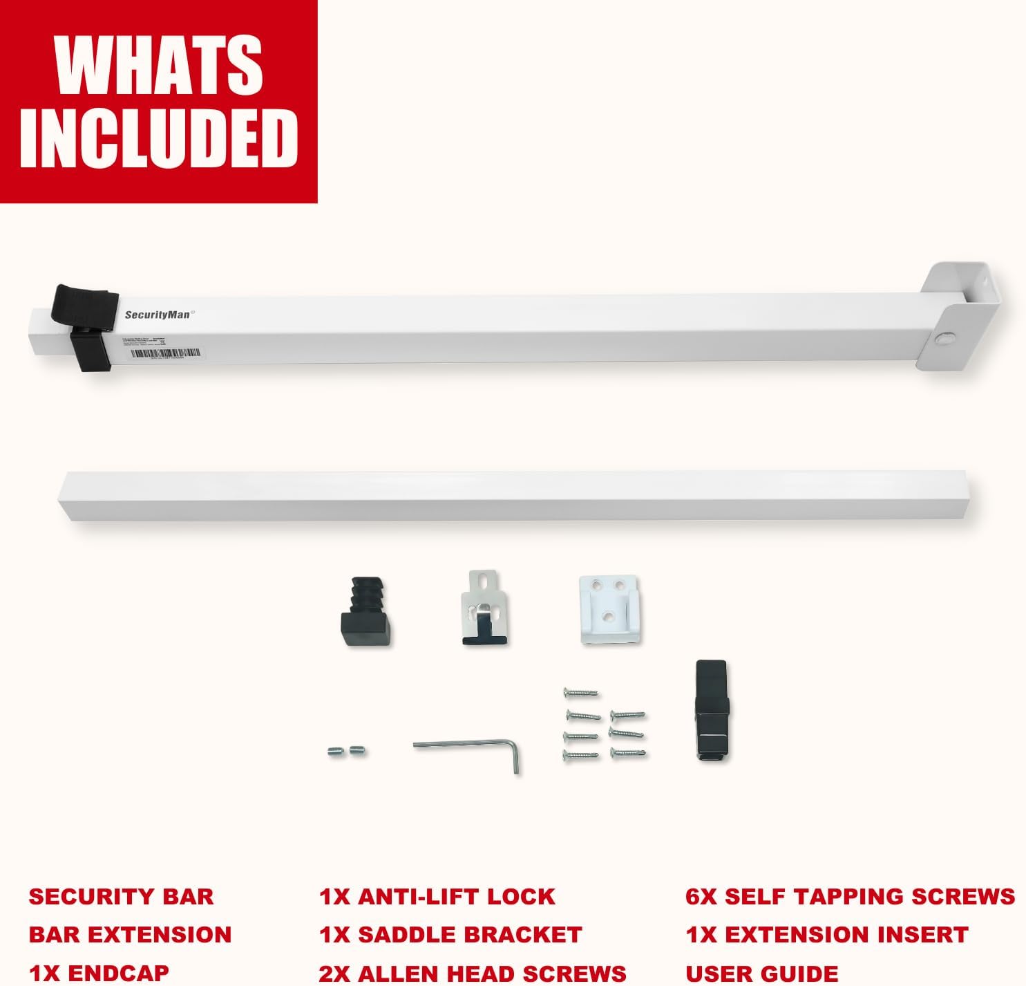 Adjustable Sliding Door Security Bar for Child Safety - Anti-Lift Lock, Fits Most Doors & Windows - White (18.75"-51.1")