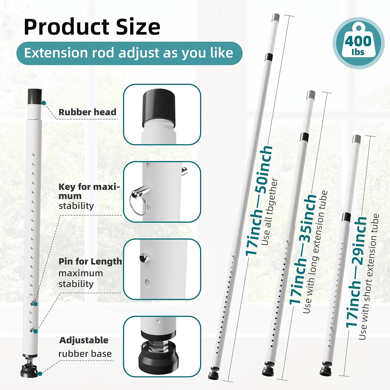 Adjustable Sliding Door Security Bar with Rubber Tips - White (17-50 inch)