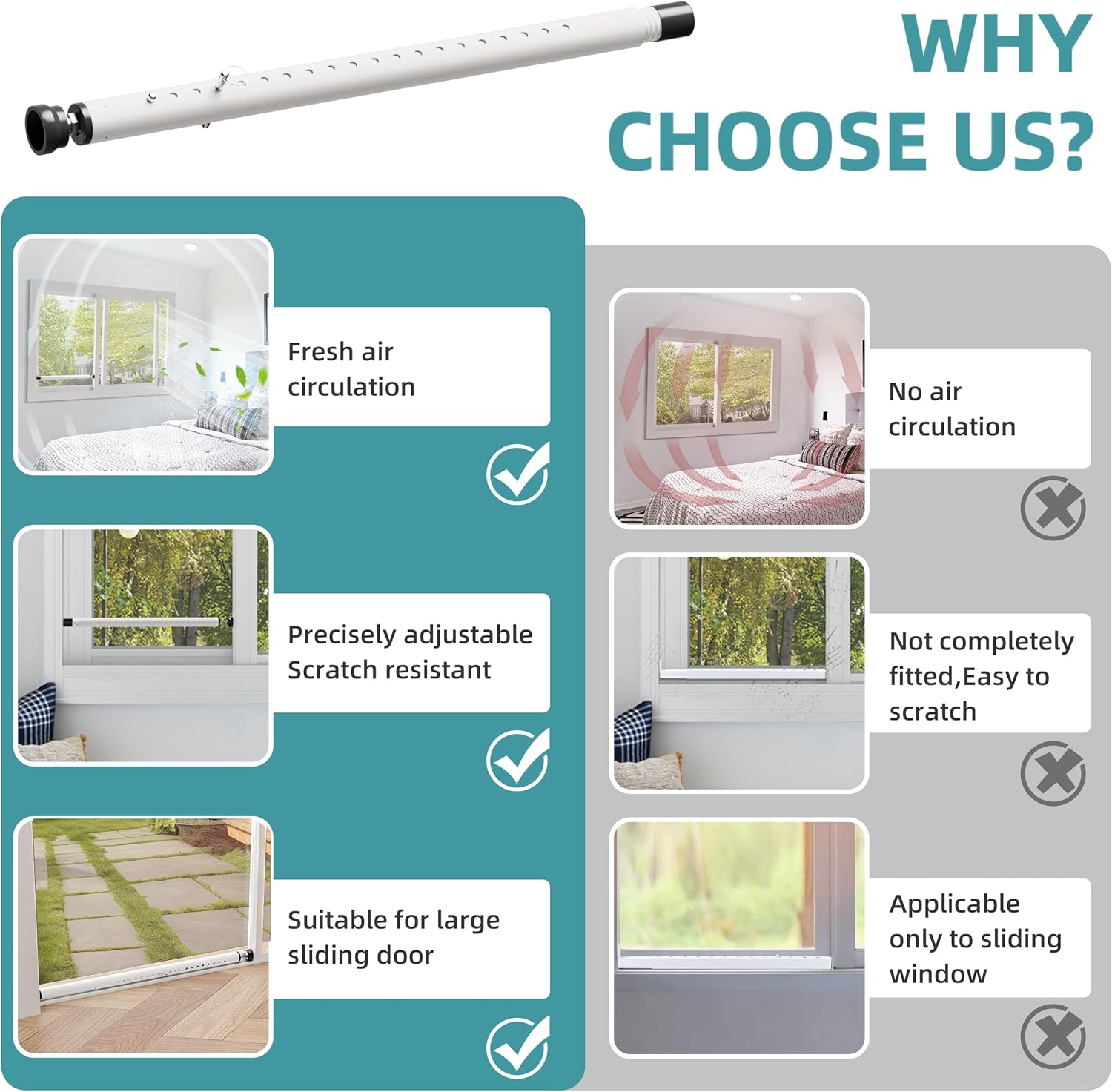 Adjustable Sliding Door Security Bar with Rubber Tips - White (17-50 inch)