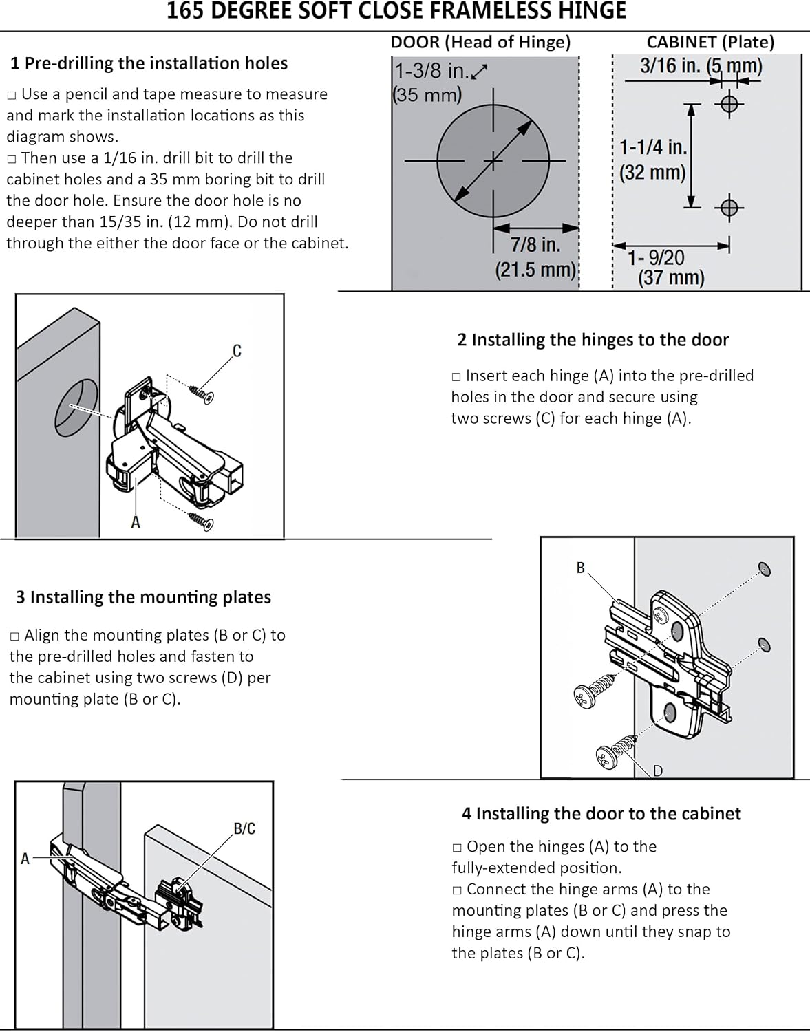 Adjustable Soft Close Frameless Cabinet Door Hinges - 2 Pack 165 Degree Concealed Hydraulic Mounting Hinges for Wardrobe - Nickel-Plated Steel Buffer Dampers - Full Overlay - 1 Pair