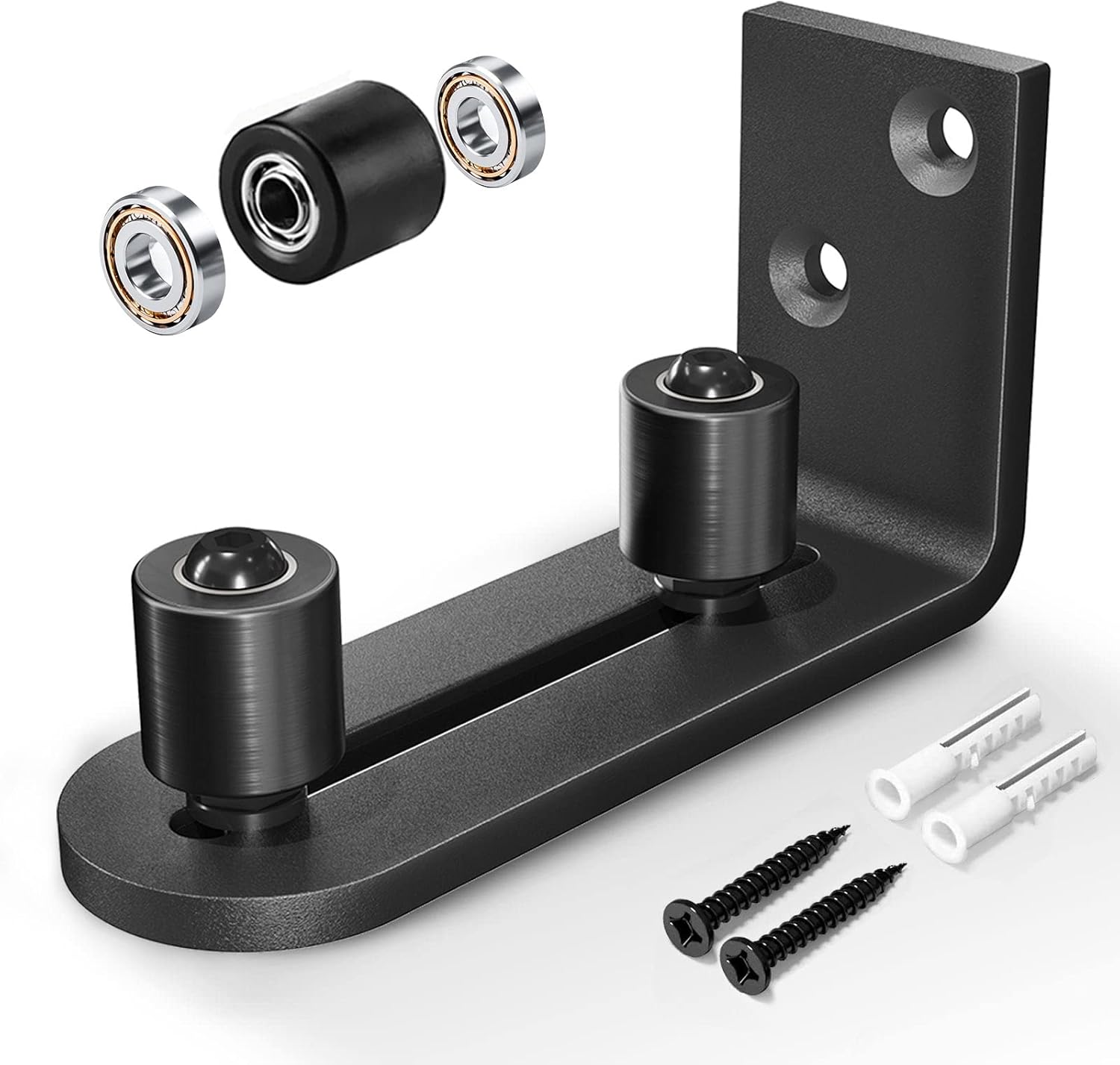 Adjustable Stay Roller Guide for Sliding Barn Doors - Wall Mount System, Ball Bearings, Flush Flat Bottom Design - Easy Installation, Fits All Door Sizes - Black