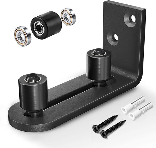 Adjustable Stay Roller Guide for Sliding Barn Doors - Wall Mount System, Ball Bearings, Flush Flat Bottom Design - Easy Installation, Fits All Door Sizes - Black