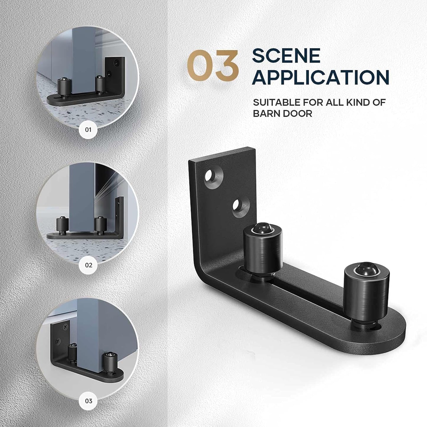 Adjustable Stay Roller Guide for Sliding Barn Doors - Wall Mount System, Ball Bearings, Flush Flat Bottom Design - Easy Installation, Fits All Door Sizes - Black