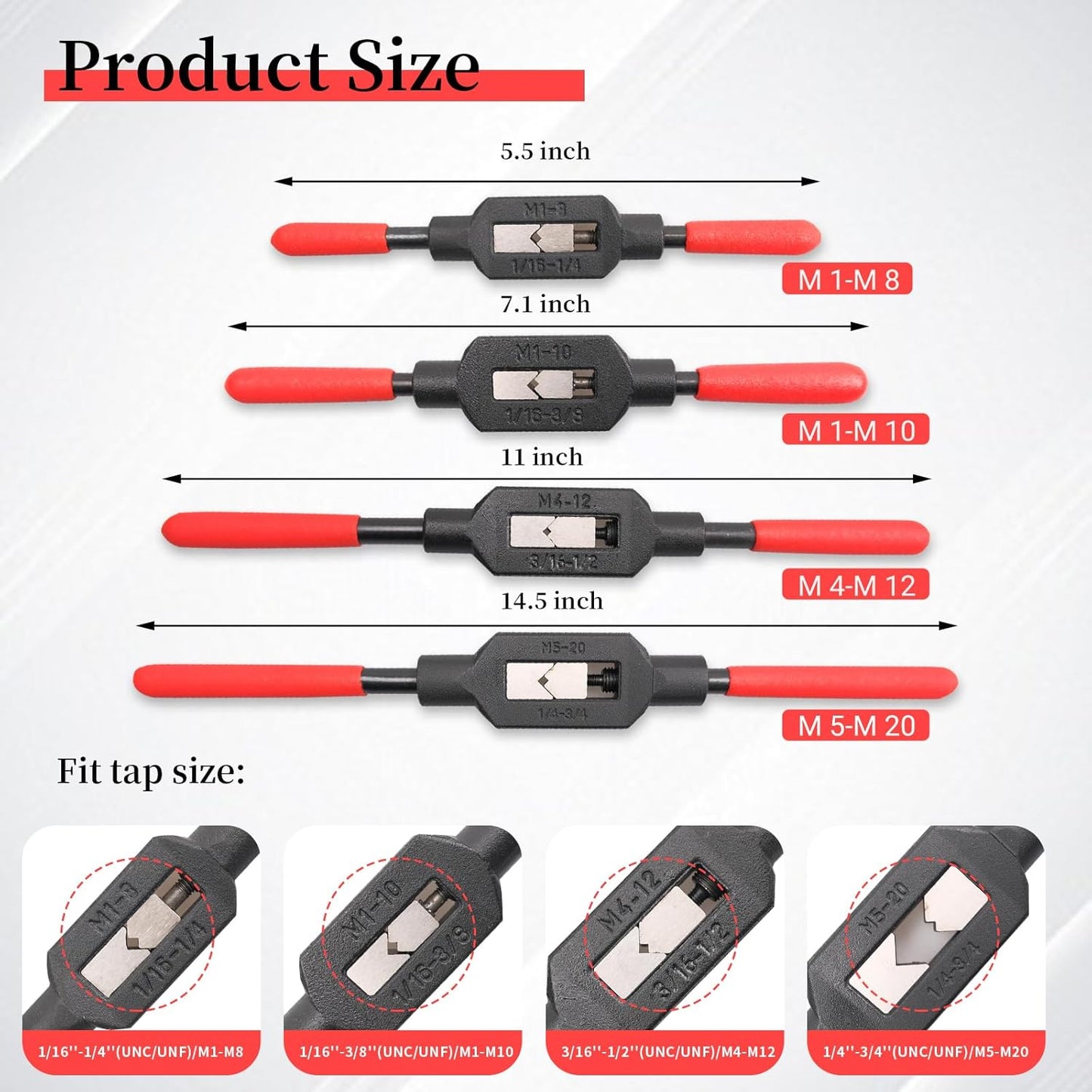 Adjustable Tap Wrench Set - 4 Pcs Hand Tap Tool Kit with Non-Slip Handle for Reamer - Sizes 1/4"-3/4", 3/16''-1/2'', 1/16''-3/8'', 1/16"-1/4