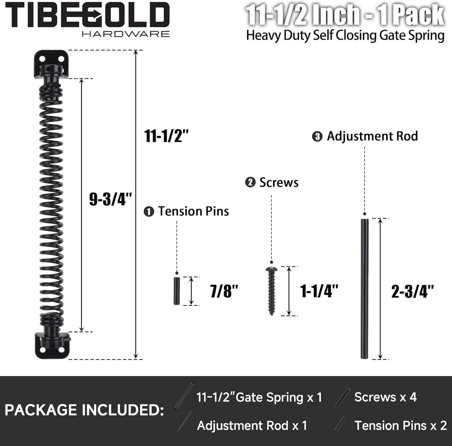 Adjustable Tension Gate Spring Closer for Wooden and Vinyl Fence - Heavy Duty Self Closing Door Closer for Outdoor Gates - 11-1/2" Black Gate Spring Hardware - 1 Pack