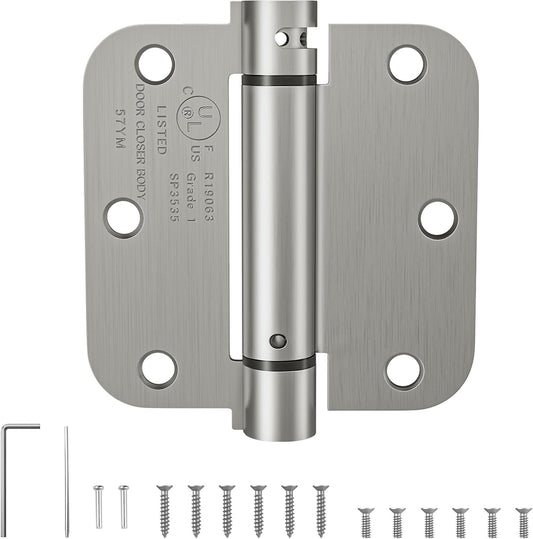 Adjustable Tension Self Closing Door Hinges 3.5 Inch Brushed Nickel - UL Listed, Left/Right Hand Door, 5/8'' Radius Corners - 1 Pack